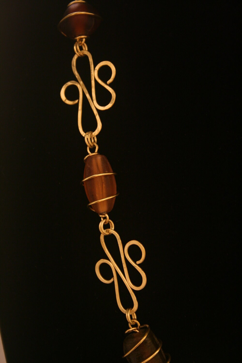 Brass Wire Wrapped Hammered Necklace With Brown & Amber Colored Beads