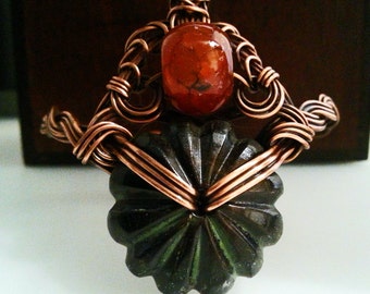 Wire Wrapped Copper Bracelet With Agate & Carved Horn Beads