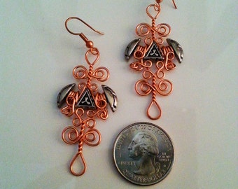 Copper Wire Wrapped Pierced Earrings with Silver Accent