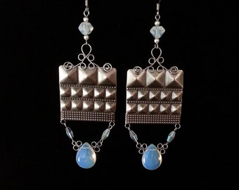 Square Dangle Earrings with Opalescent Beads