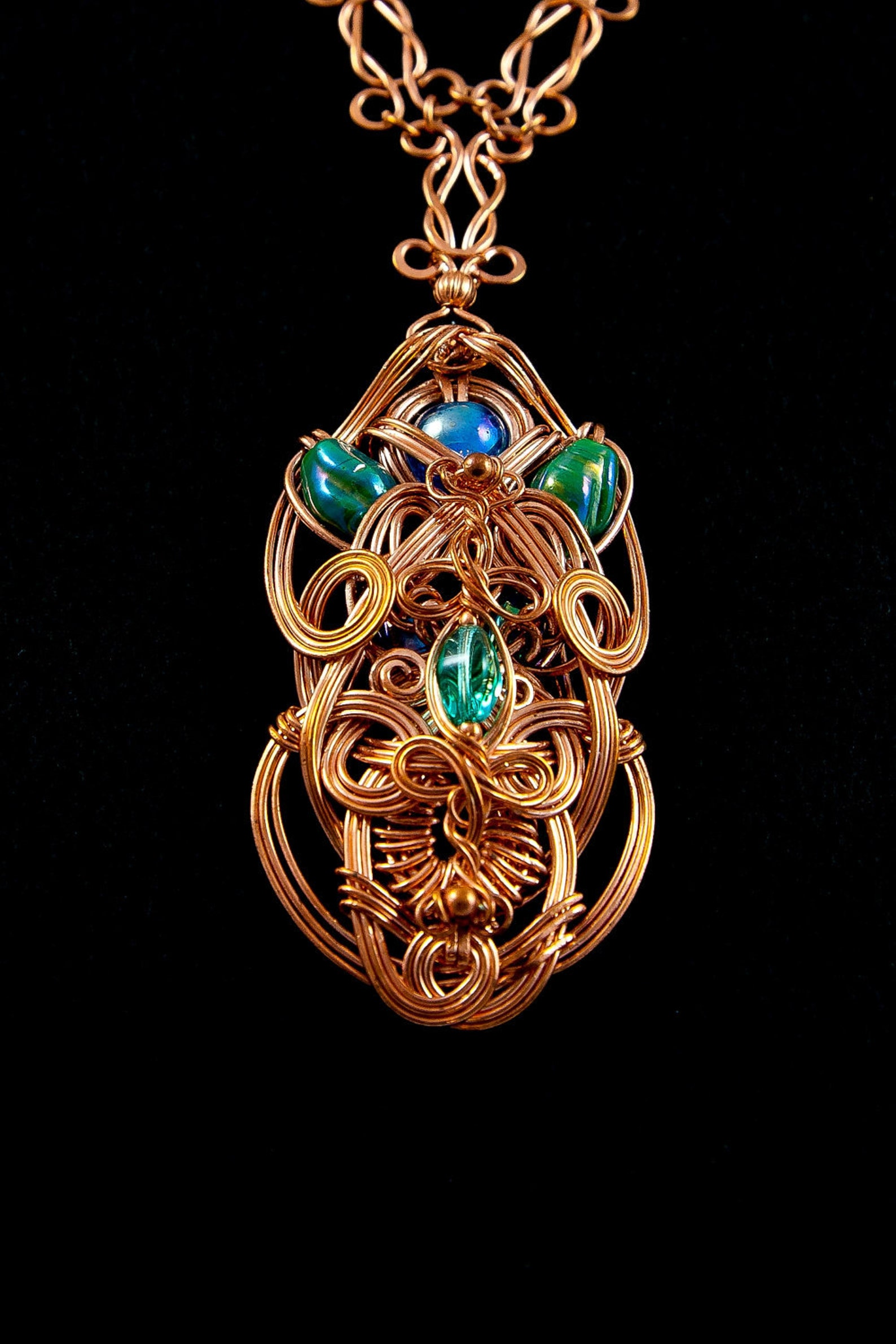 Bright Copper Wire Necklace With Turquoise and Teal Glass Beads Etsy