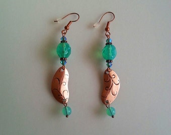 Copper Dangle Earrings With Teal Glass Beads & Swarovski Crystals