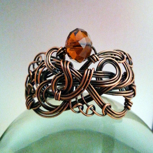 Wire Wrapped Copper Bracelet With Faceted Amber Glass Bead
