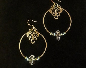 Hammered Brass Hoops With Vintage Russian Cut Crystal Beads