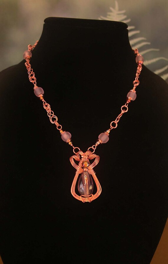 Copper Necklace With Frosted Lavender Beads