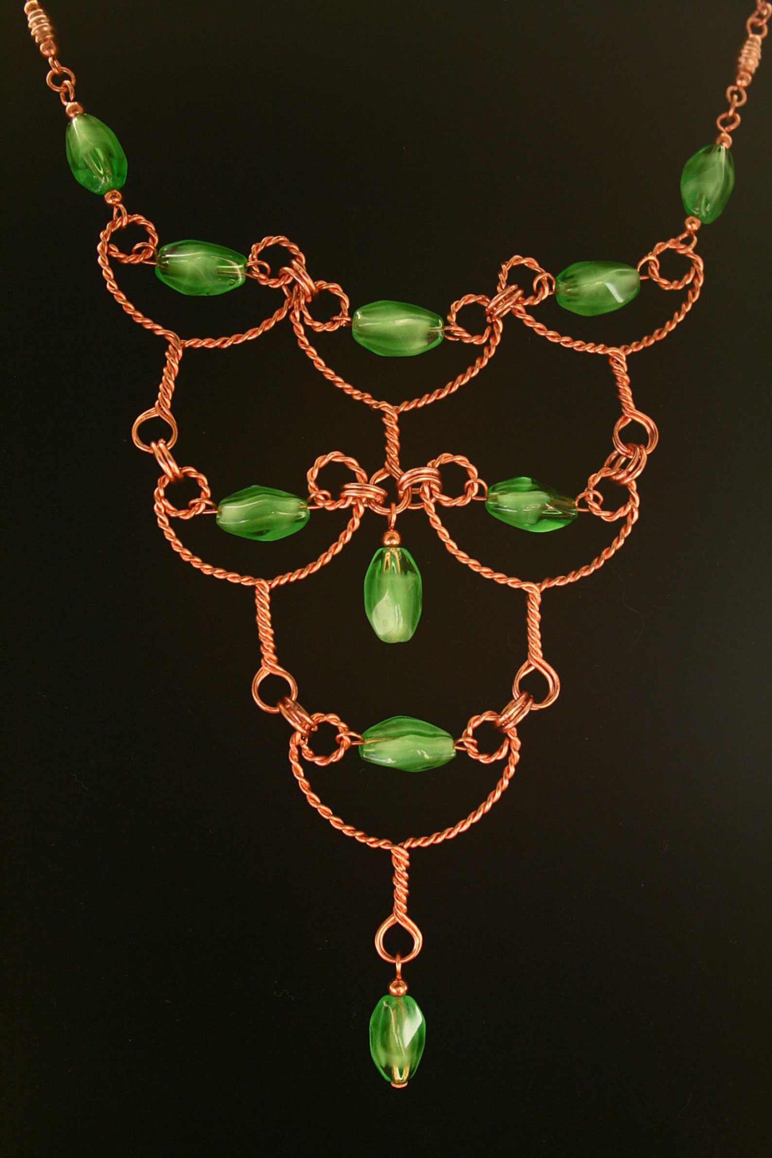 Copper Wire Necklace With Kelly Green Vintage Glass Beads Etsy