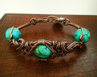 Wire Wrapped Copper Bracelet With Turquoise Magnesite Beads