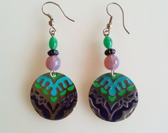 Handpainted Green, Turquoise, and Purple Dangle/Drop Earrings