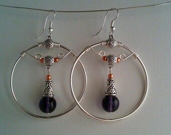 Silver Hoop Earrings with Copper & Purple