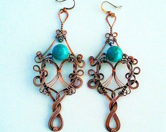 Wire Wrapped Copper & Turquoise Magnesite Earrings