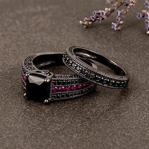 Black Diamond & Ruby Bridal Ring Set 925 Silver, Gothic Princess Cut Engagement Ring, Black Gold Finish Wedding Band Set, Gift for Her
