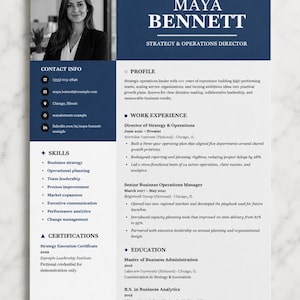 May include: A professional resume template featuring a dark blue sidebar with a black and white portrait of Maya Bennett, contact information, and skills. The white main section includes a profile, work experience, and education details in black text.