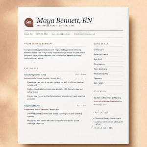 May include: A professional resume template for a registered nurse named Maya Bennett. The document features a dark brown circular monogram with the initials MB, followed by contact details, professional summary, experience, core skills, and education.
