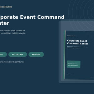 May include: A dark blue digital document titled Corporate Event Command Center, featuring a 33-page fillable PDF system. The cover displays the text: A start-to-finish planning system for executive and administrative professionals, plus three bullet points.