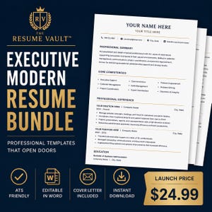 Pode incluir: Um pacote de modelos de currículo digital apresentando um documento branco com texto preto, detalhes dourados e cabeçalhos incluindo Professional Summary, Core Competencies e Experience. O fundo azul escuro exibe o texto The Resume Vault.