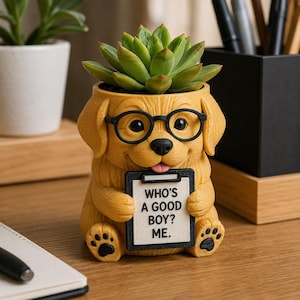 Handmålad Golden Retriever-kruka med glasögon, 3D-printad suckulentkruka (15 cm)