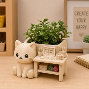 Craft Seller Cat 3D Printed Planter Pot – Hand Painted Miniature Artisan Desk Decor