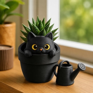 May include: A matte black ceramic planter shaped like a cat with large yellow eyes and paws resting on the rim, containing a green succulent plant. Next to the planter sits a small matching black watering can with a perforated spout.