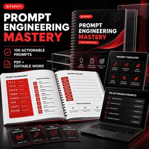 Könnte beinhalten: Ein Prompt Engineering Mastery Arbeitsbuch und digitales Display-Set mit einem spiralgebundenen Leitfaden, Prompt-Vorlagen und vier Karten mit der Aufschrift The Analyst, The Creator, The Strategist und The Automator. Roter und schwarzer Text.