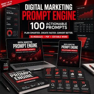 Könnte beinhalten: Ein digitales Marketing-Prompt-Engine-Set mit Laptop und Tablet, die den Titel anzeigen, einem Arbeitsbuch und zehn schwarzen Karten mit der Beschriftung 01 bis 10. Der Text lautet Digital Marketing Prompt Engine 100 Actionable Prompts, Plan Smarter, Create Faster, Convert Better.