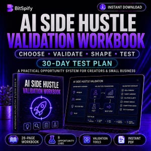 Może przedstawiać: Cyfrowy skoroszyt zatytułowany AI Side Hustle Validation Workbook z ikoną rakiety, 30-dniowym planem testów oraz ekranem laptopa przedstawiającym przegląd możliwości, ramy walidacji i listę kontrolną dla twórców i małych firm.