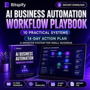 May include: A digital product titled AI Business Automation Workflow Playbook featuring 10 practical systems and a 14-day action plan. The display shows a laptop with a workflow dashboard and a book cover, both with purple and blue gradient accents.