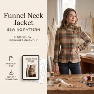 May include: A sewing pattern for a funnel neck jacket featuring a plaid pattern in shades of brown, green, and orange. The text reads Funnel Neck Jacket, Sewing Pattern, Sizes XS - 3XL, Beginner Friendly, Premium PDF, and Instant Download.