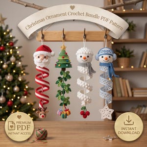 May include: Four crochet Christmas ornaments hanging from a wooden rack, including a Santa Claus, a decorated tree, a snowman, and a blue-hatted snowman. A banner above reads Christmas Ornament Crochet Bundle PDF Pattern with two gold badges.