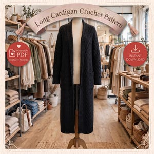 Modern Long Cardigan Crochet Pattern | Easy Textured Duster Sweater | Cozy Charcoal Black Winter Jacket | Handmade Gift