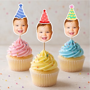 Cupcake-dekorationer med huvud på pinne, personliga ansiktsfoton, specialdesignade födelsedagsfestdekorationer