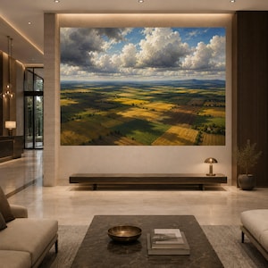 Könnte beinhalten: Ein großer rechteckiger Wandkunstdruck mit einer Luftaufnahme einer Landschaft aus landwirtschaftlichen Feldern in Grün- und Goldtönen unter einem dramatischen Himmel voller großer weißer Wolken und tiefblauer Stellen.