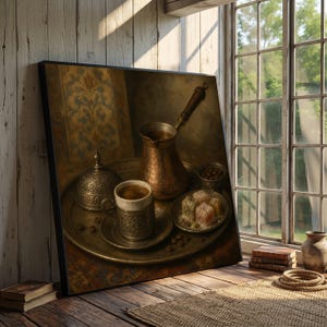 May include: A framed painting depicting a copper coffee pot, a metal cup with a saucer, a lidded container, and a small plate of colorful Turkish delight on a round metal tray, all arranged with scattered coffee beans in a dark setting.