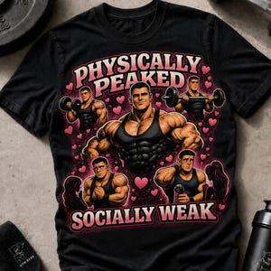 Könnte beinhalten: Ein schwarzes T-Shirt mit einem Grafikdruck eines muskulösen Bodybuilders im schwarzen Tanktop. Der Text lautet oben PHYSICALLY PEAKED und unten SOCIALLY WEAK, umgeben von rosa Herzen und kleineren Illustrationen derselben Figur.