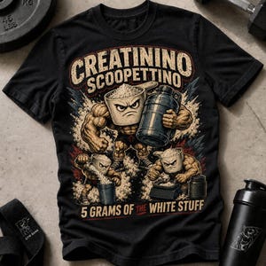 Könnte beinhalten: Ein schwarzes T-Shirt mit einer grafischen Illustration von drei muskulösen, anthropomorphen Messlöffeln mit wütenden Gesichtern. Der Text lautet CREATININO SCOOPETTINO und 5 GRAMS OF THE WHITE STUFF. Das Design zeigt einen großen Kanister.