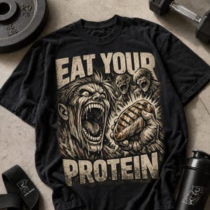 Könnte beinhalten: Ein schwarzes Kurzarm-T-Shirt mit einem Grafikdruck einer knurrenden humanoiden Figur, die ein Stück gegrilltes Fleisch hält. Der Text "EAT YOUR PROTEIN" ist in einer abgenutzten beigen Schrift über und unter der Illustration gedruckt.