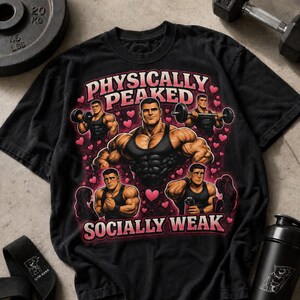 Könnte beinhalten: Ein schwarzes T-Shirt mit einem Grafikdruck einer muskulösen Figur im schwarzen Tanktop, umgeben von kleineren Illustrationen derselben Figur beim Gewichtheben, mit rosa Herzen und dem Text "PHYSICALLY PEAKED" und "SOCIALLY WEAK".