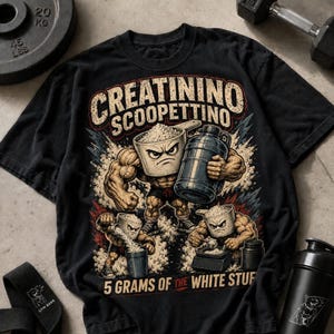 Könnte beinhalten: Ein schwarzes T-Shirt mit einer Grafik von drei muskulösen, anthropomorphen Protein-Messlöffeln mit wütenden Gesichtern. Der Text lautet CREATININO SCOOPETTINO und 5 GRAMS OF THE WHITE STUFF, ergänzt durch Spritzer von weißem Pulver.
