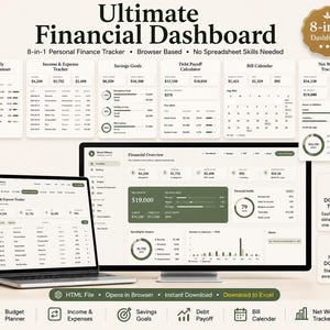 Puede incluir: Un panel financiero 8 en 1 mostrado en una computadora portátil y un monitor, con módulos para planificación presupuestaria mensual, seguimiento de ingresos y gastos, metas de ahorro, pago de deudas, calendarios de facturas y patrimonio neto.