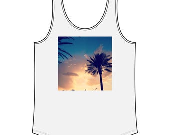 Tanktop mit Palmenmotiv bei Sonnenuntergang | Tropisches Strand-Sonnenuntergang-Tanktop