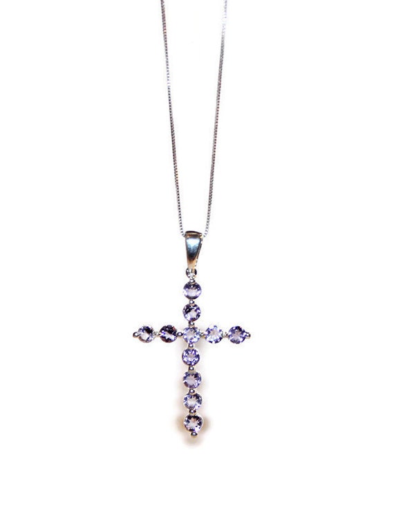 Sterling Silver Petite Round Purple Amethyst Sideway Religious Cross Necklace