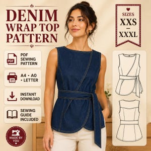 Op de afbeelding: Een mouwloze overslagtop van donkerblauwe denim met een strikceintuur en contrasterende stiksels. De afbeelding bevat de tekst: DENIM WRAP TOP PATTERN, SIZES XXS-XXXL, PDF SEWING PATTERN, A4 A0 LETTER, INSTANT DOWNLOAD, SEWING GUIDE INCLUDED, MADE BY YOU.