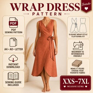 Pode incluir: Um molde de costura em PDF para um vestido envelope sem mangas na cor laranja ferrugem. O design apresenta um decote em V, um laço na cintura e uma saia midi. O gráfico inclui etiquetas para formatos A4, A0, Letter e tamanhos XXS-7XL.