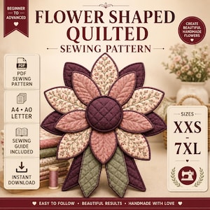 May include: A flower shaped quilted sewing pattern featuring a central dark purple quilted circle surrounded by layers of dark purple, light pink, and floral patterned petals. The design includes text for PDF sewing pattern, sizes XXS to 7XL, and sewing guide included. The color palette consists of deep purple, muted pink, and sage green tones.