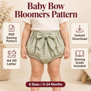 May include: A digital sewing pattern for baby bloomers featuring a sage green and white gingham check fabric with a decorative bow at the waist. The text reads Baby Bow Bloomers Pattern, PDF Sewing Pattern, Instant Download, A4 A0 Letter, Sewing Guide Included, and 6 Sizes | 0-24 Months.