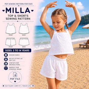 May include: A PDF sewing pattern for kids titled Milla Top & Shorts. The pattern includes line drawings of a sleeveless top and elastic waist shorts, front and back views, for sizes 2 to 14 years. The document specifies woven fabric requirements.