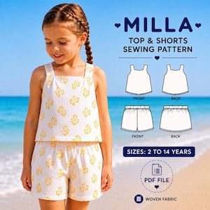 Milla Top and Shorts Sewing Pattern PDF | Girls Square Neck Summer Set | Kids Clothing Pattern | Elastic Waist Shorts | Beginner Friendly
