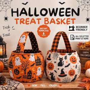 May include: Two fabric Halloween treat baskets with handles. The left basket is orange with black ghosts, haunted houses, and bats. The right basket is cream with black cats, orange pumpkins, and spiderwebs. Text includes HALLOWEEN TREAT BASKET.