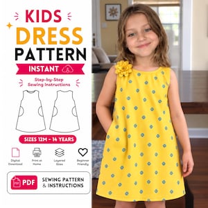 May include: A digital sewing pattern for a sleeveless yellow dress with a blue floral print, featuring a round neckline and side pockets. The text includes KIDS DRESS PATTERN, INSTANT, Step-by-Step Sewing Instructions, SIZES 12M - 14 YEARS, and PDF SEWING PATTERN & INSTRUCTIONS.