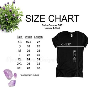 May include: Size chart for a Bella Canvas 3001 unisex t-shirt. The chart shows the width and length of the shirt in inches for sizes XS to 3XL.
