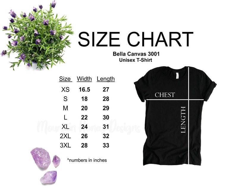 May include: Size chart for a Bella Canvas 3001 unisex t-shirt. The chart shows the width and length of the shirt in inches for sizes XS to 3XL.